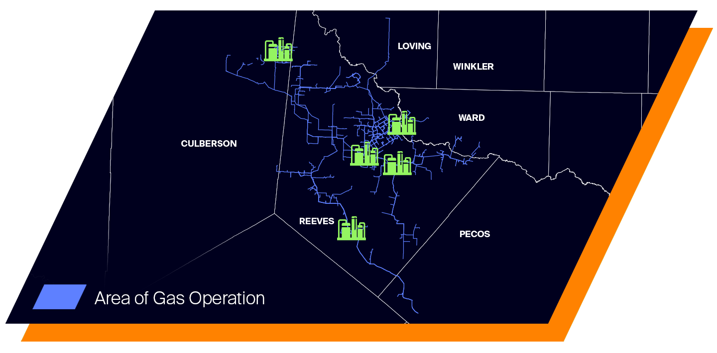 A map showing Kinetik's area of gas operation