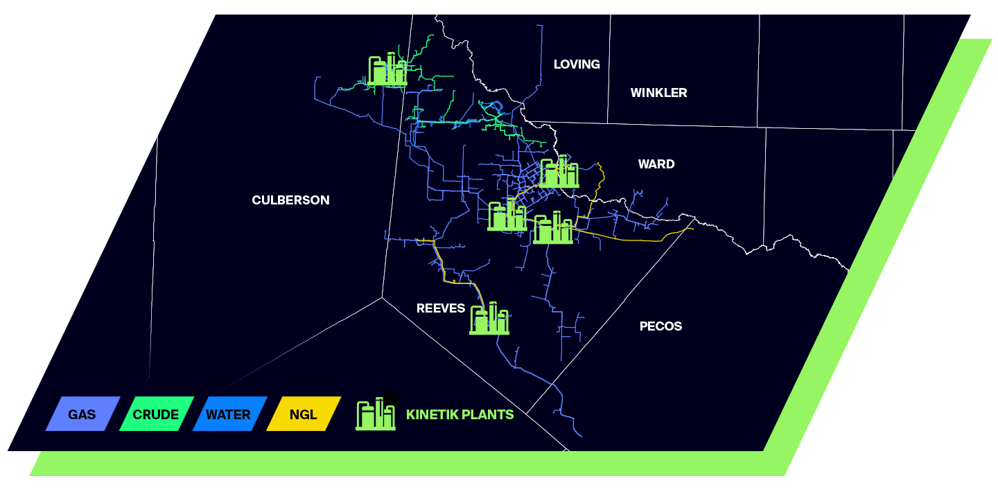 A map showing Kinetik plants and the gas, crude, water and NGL lines