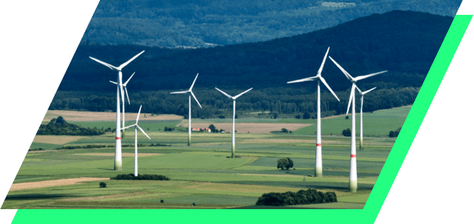 A aerial view of a wind farm