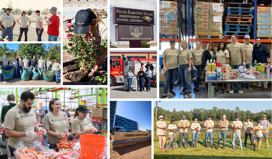 A collage showing Kinetik employees volunteering in the community