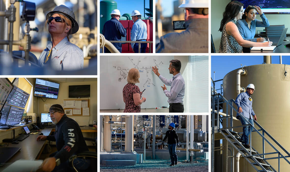 A collage of Kinetik employees both in the office and working at a plant